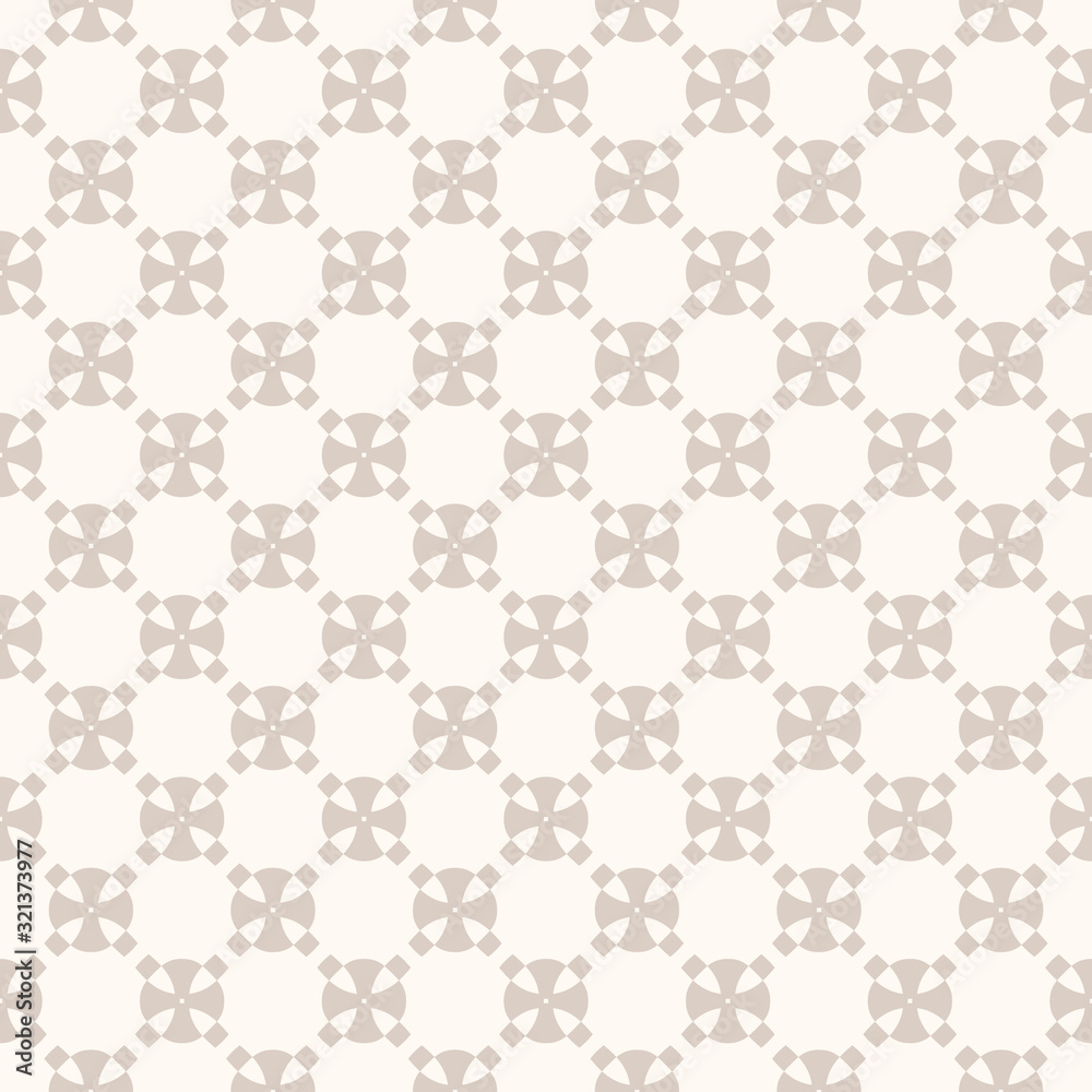 Vector abstract geometric seamless pattern in beige pastel color palette. Subtle texture with rounded shapes, crosses, grid, lattice. Elegant repeat background. Design for decoration, fabric, prints