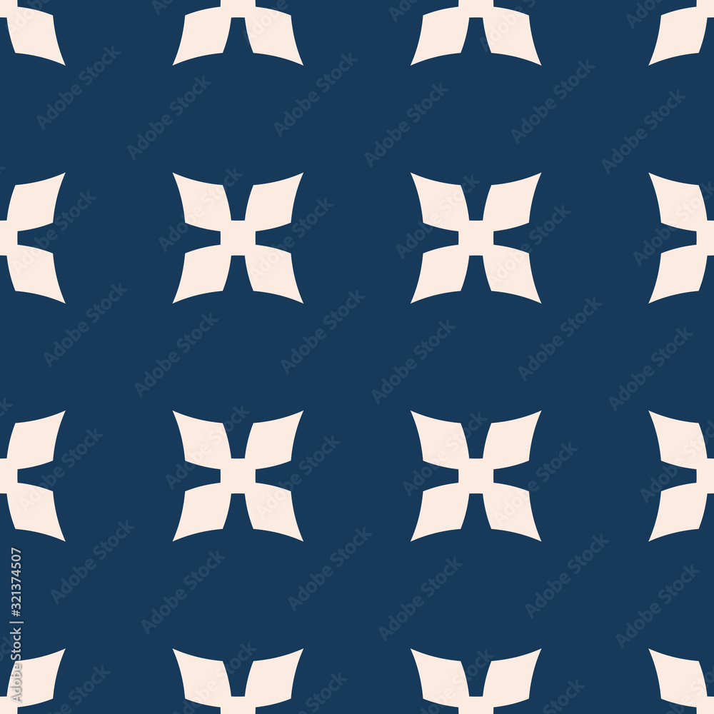 Simple vector floral texture. Geometric seamless pattern with big flower silhouettes, crosses. Abstract monochrome ornamental background. Dark blue and beige minimalist ornament. Repeatable design Simple vector floral texture. Geometric seamless pattern with big flower silhouettes, crosses. Abstract monochrome ornamental background. Dark blue and beige minimalist ornament. Repeatable design