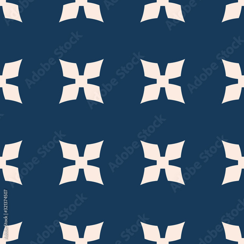 Simple vector floral texture. Geometric seamless pattern with big flower silhouettes, crosses. Abstract monochrome ornamental background. Dark blue and beige minimalist ornament. Repeatable design