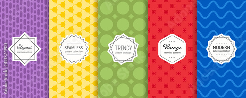 Vector set of geometric seamless patterns. Collection of bright colorful background swatches with elegant modern labels. Cute abstract textures in purple, yellow, green, red, blue color. Pretty design