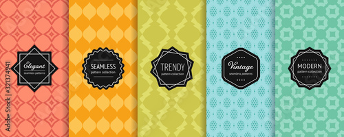 Vector geometric seamless patterns. Set of colorful background swatches with modern minimalist labels. Cute abstract textures collection. Elegant ornamental design. Red, orange, green, blue, turquoise