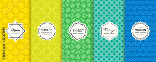 Vector geometric seamless patterns collection. Set of bright colorful background swatches with elegant modern labels. Cute abstract textures. Oriental design. Yellow, turquoise, green and blue color