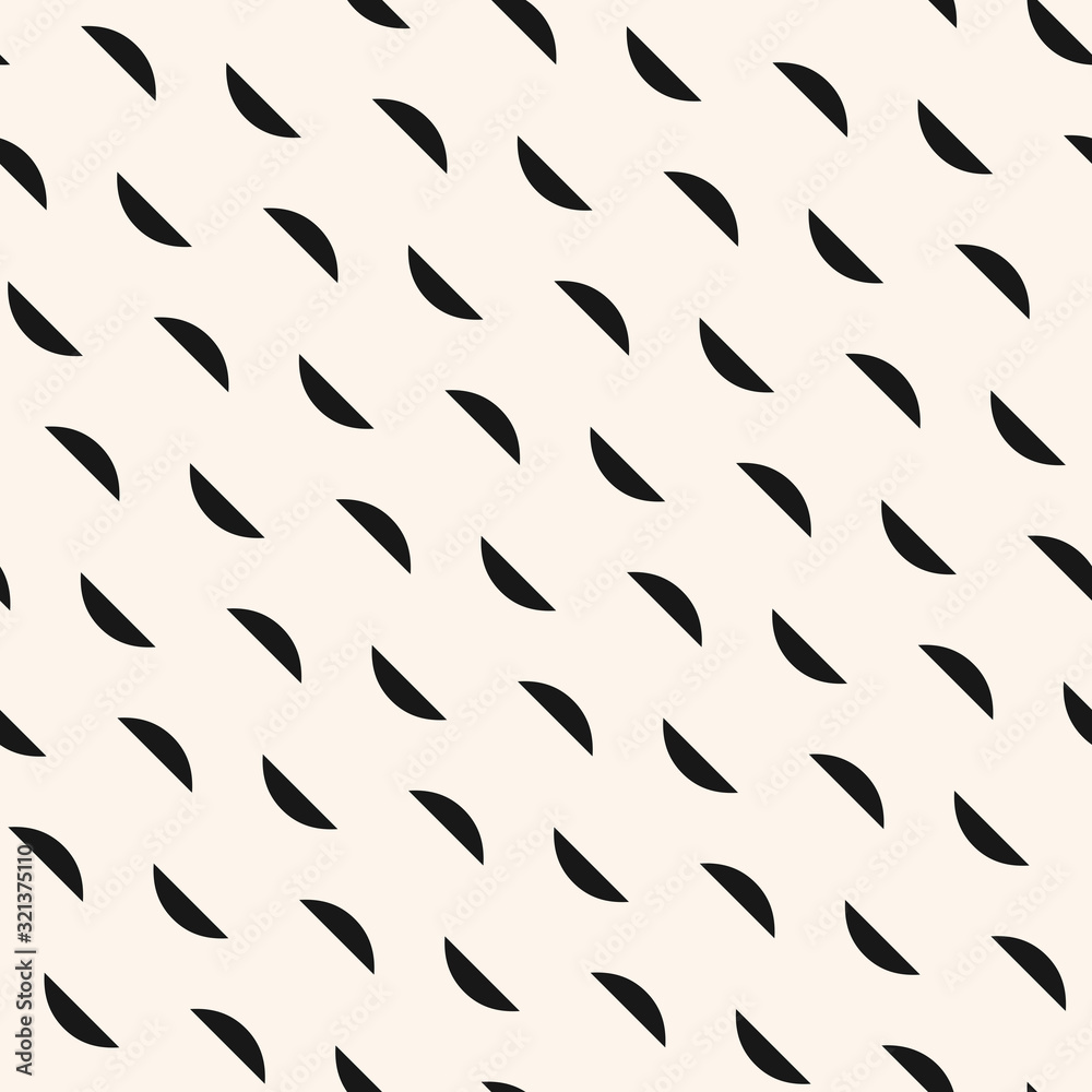 Vector minimalist geometric seamless pattern with small wavy shapes, diagonal curved lines. Simple abstract monochrome minimal texture. Subtle black and white background. Modern repeatable design 