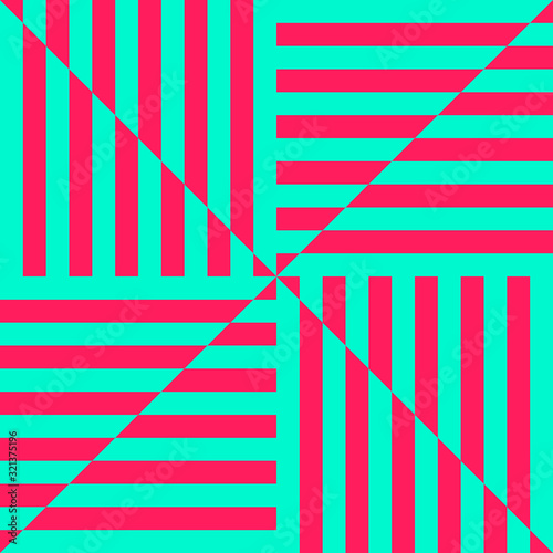 Modern linear geometric seamless pattern. Bright acid colors, magenta and turquoise green. Optical art ornament. Simple abstract geo texture with lines, squares, triangles, repeat tiles. 90's style