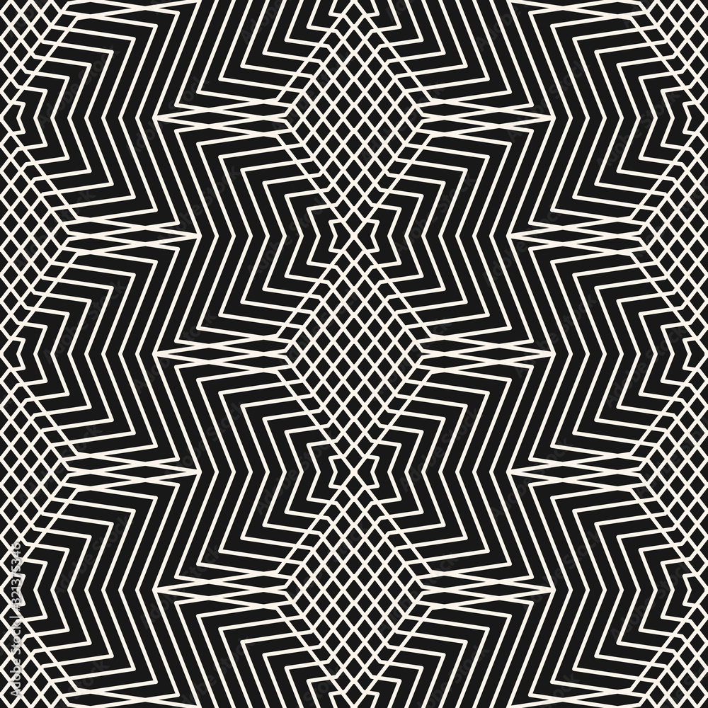 Vector monochrome geometric seamless pattern with stars, thin broken lines, zigzag, net, lattice. Simple black and white geometrical background. Abstract linear texture. Repeat tileable geo design