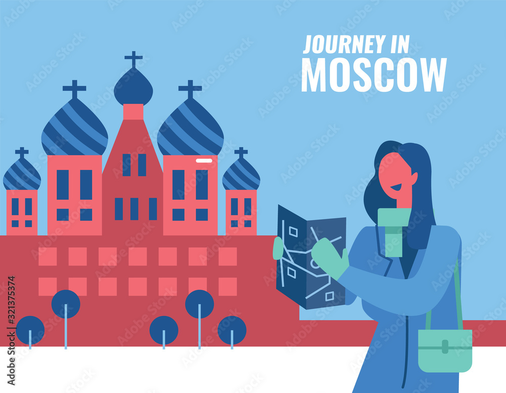 Journey in Moscow, Russia. Woman reading guide map for her trip in Moscow.   Moscow architecture and landscape in background. flat design elements. vector illustration