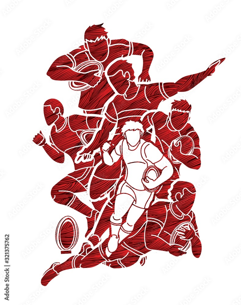 Group of Rugby players action cartoon sport graphic vector.