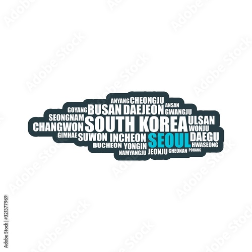 List of cities and towns of South Korea. Word cloud collage. Business and travel concept background.