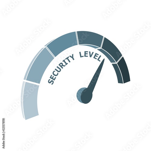 Scale with arrow. The security level measuring device icon. Sign tachometer, speedometer, indicators. Infographic gauge element.