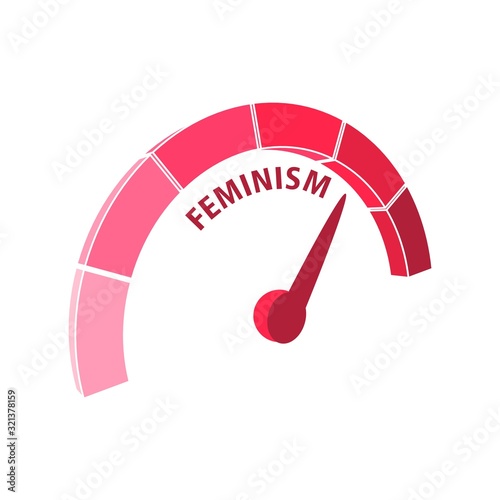 Indicator with arrow from pink to dark pink. The measuring device icon. Feminism word.