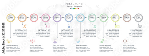 Vector infographics timeline design template with icons and text label.
