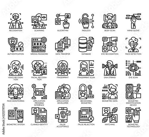 Set of biometric thin line and pixel perfect icons for any web and app project.