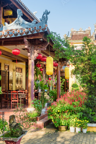 Scenic cafe in beautiful garden of Phap Bao Temple  Hoian