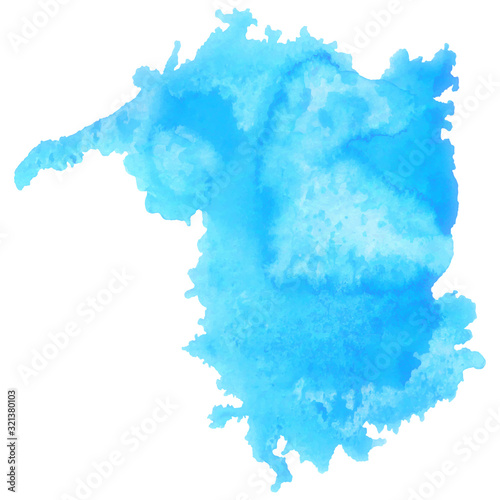 Blue water-colour blot in hand drawn style on white background. Abstract frame background. Vector brush stroke.