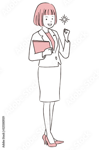 手描き1color  女性 おかっぱ　スーツ 全身　ガッツポーズ