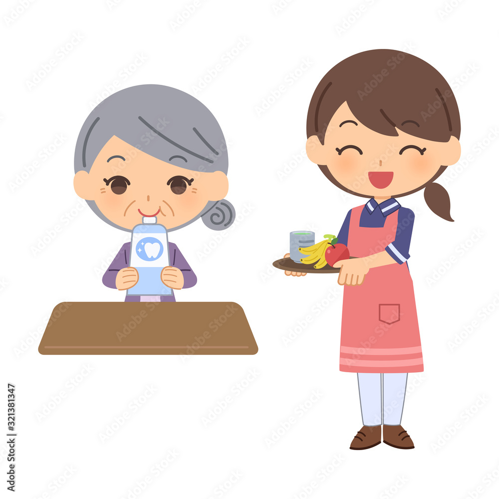 認知症女性に別の食べ物を差し入れる女介護士 認知症女性に別の食べ物を差し入れる女介護士