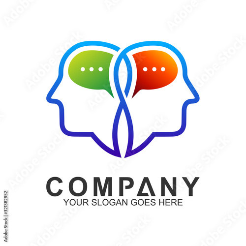connected people head logo with bubble talk shape