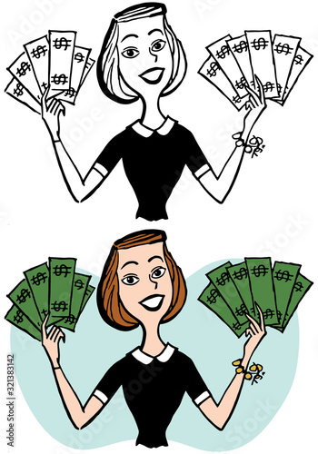 A cartoon of a smiling woman holding handfuls of cash.