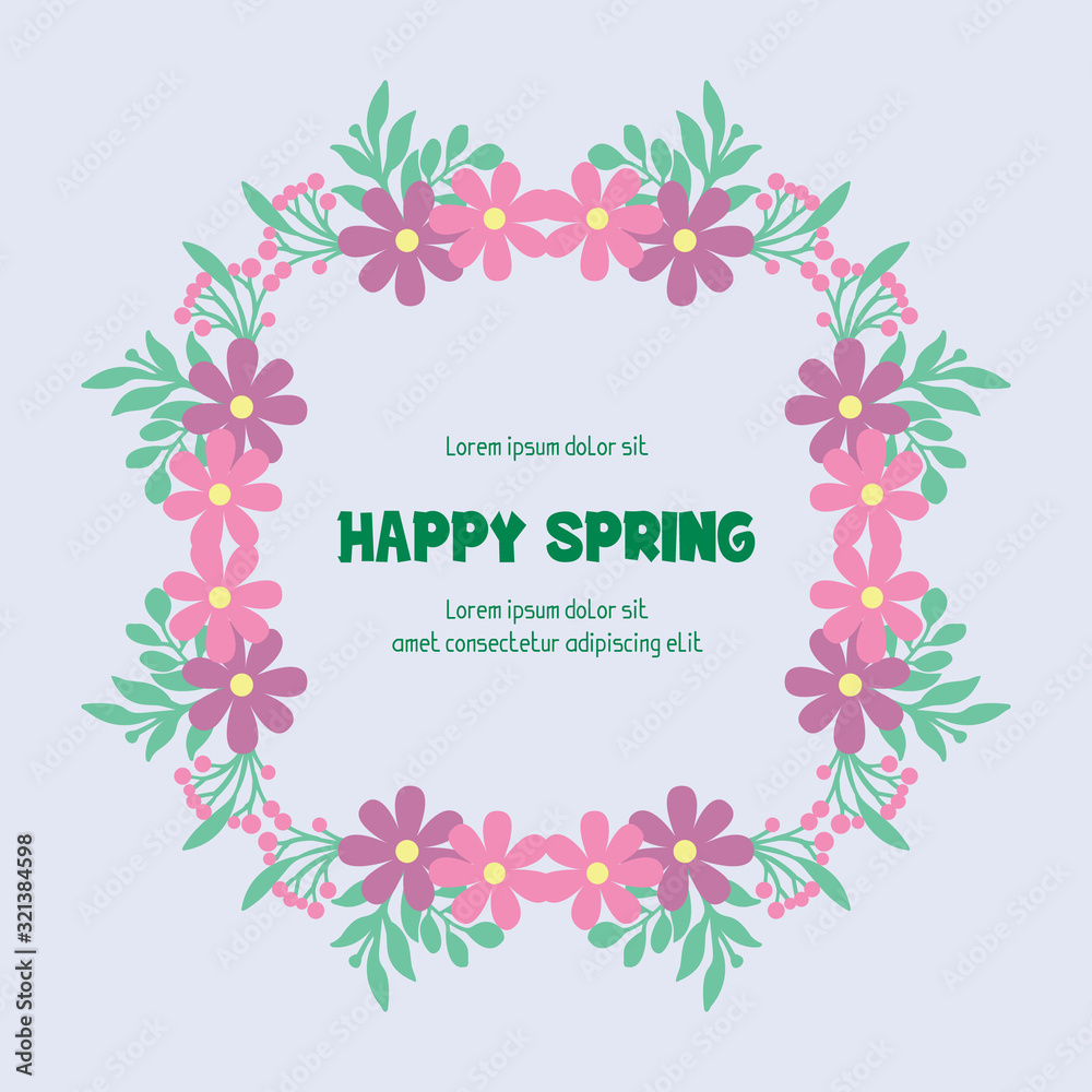 Happy spring invitation wallpaper card design, with seamless pattern of leaf and pink floral frame. Vector