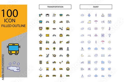 100 Icon Transportation and Rainy Filled line Vector Illustrator Graphic Perfect for Business