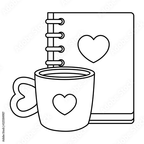 notebook with heart and cup coffee isolated icon