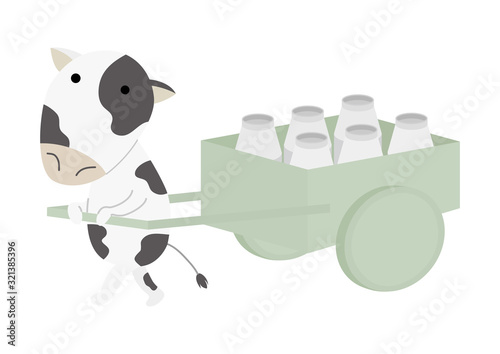 荷車でミルクを運んでいるホルスタイン牛のイラスト