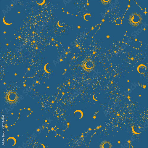 Space Galaxy constellation seamless pattern print could be used for textile, zodiac star yoga mat, phone case