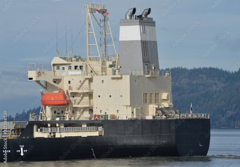Telphoto of the wheelhouse of an ocean going cargo ship
