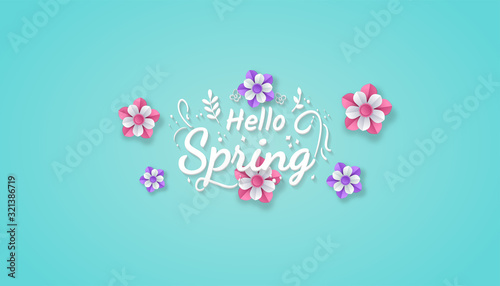 Photos Hello Spring landscape with colorful flower paper cut realistic art style in blue background