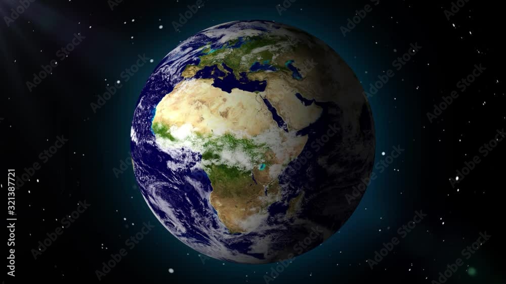 Earth from space. Stars  and Lens flares in background. Flight over the Earth. 4K. The earth slowly rotates.