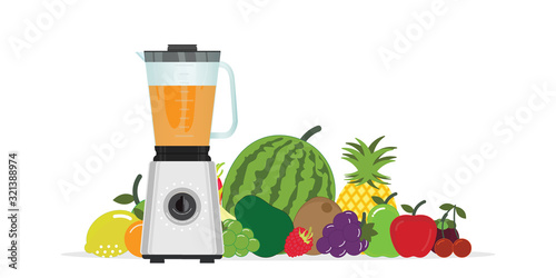 Fruit Juice Squeezer or Blender Kitchen Appliance with group of fruits.