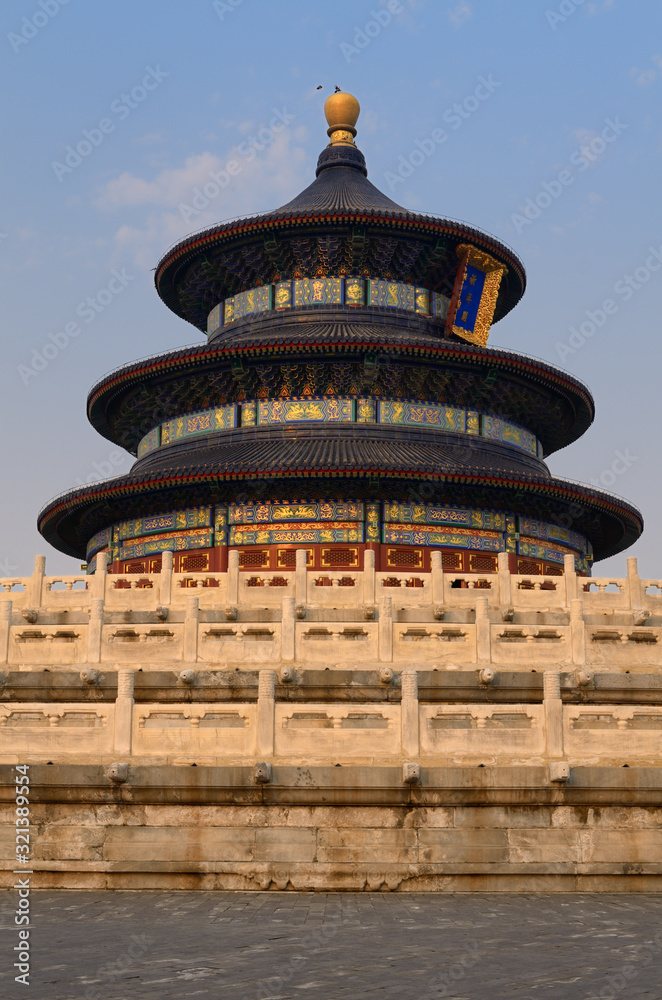 Three tiered marble base of Hall of Prayer for Good Harvests at Temple of Heaven Park Beijing at sunset