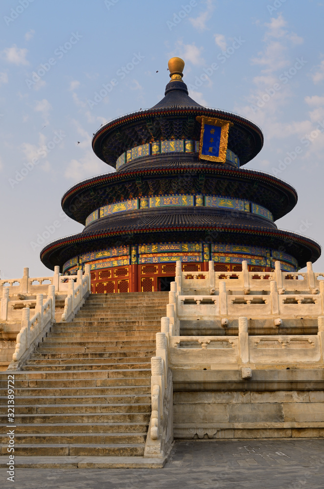 Steps to Hall of Prayer for Good Harvests at Temple of Heaven Park at sundown in Beijing
