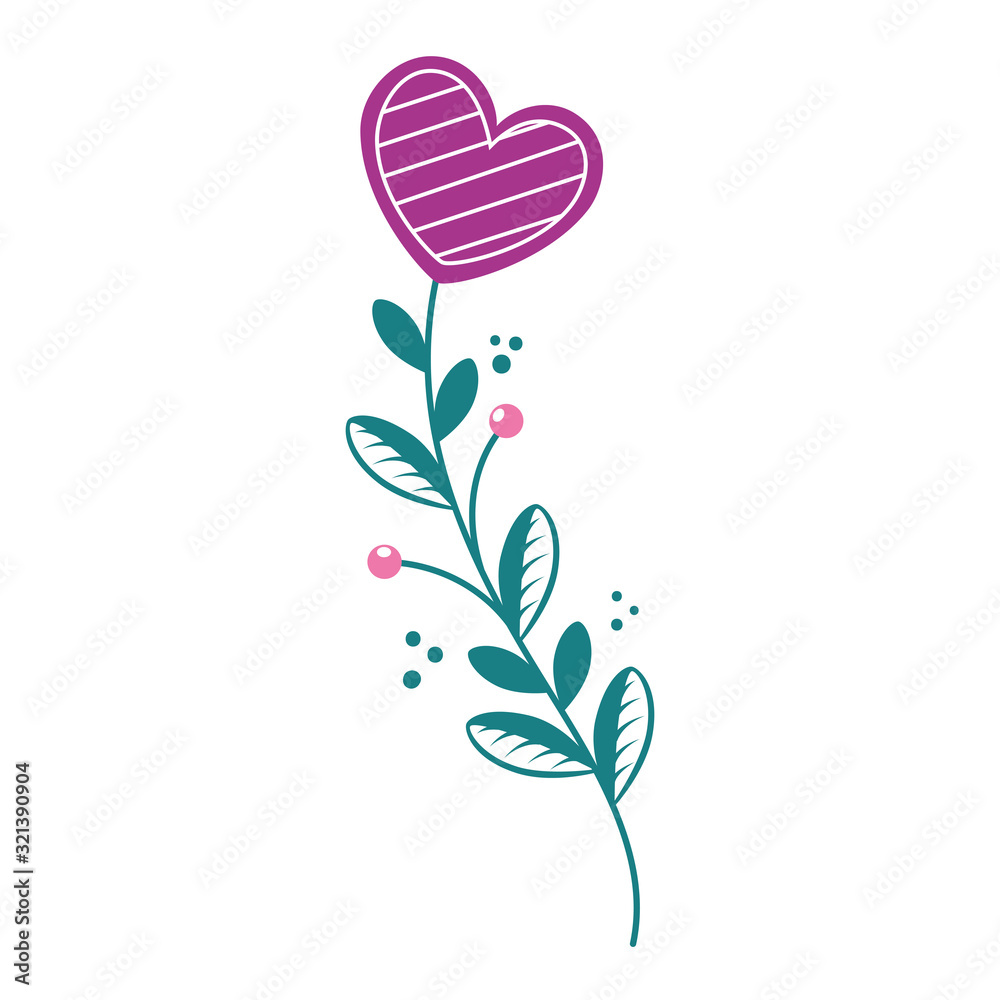 cute flower in shape heart with branch and leafs