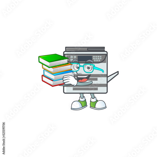 A brainy clever cartoon character of professional office copier studying with some books