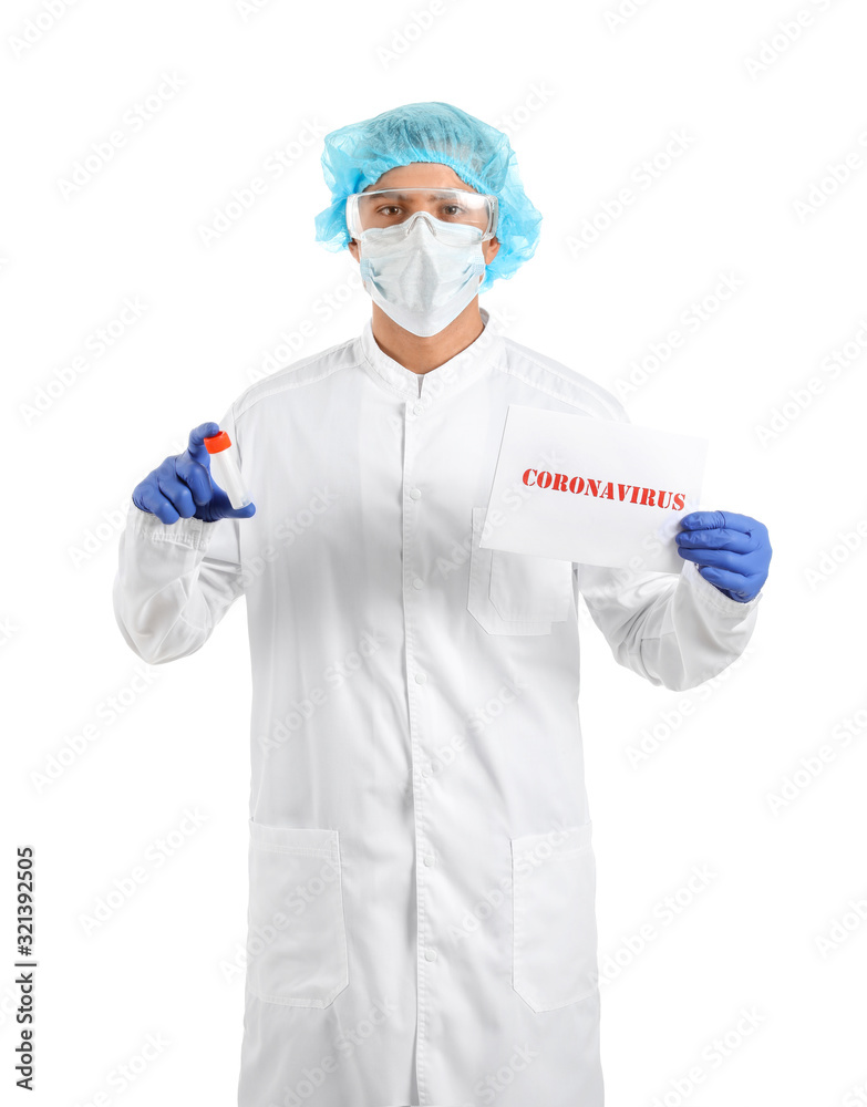 Laboratory worker in protective mask and with sample in test tube on white background. Concept of Coronavirus epidemic