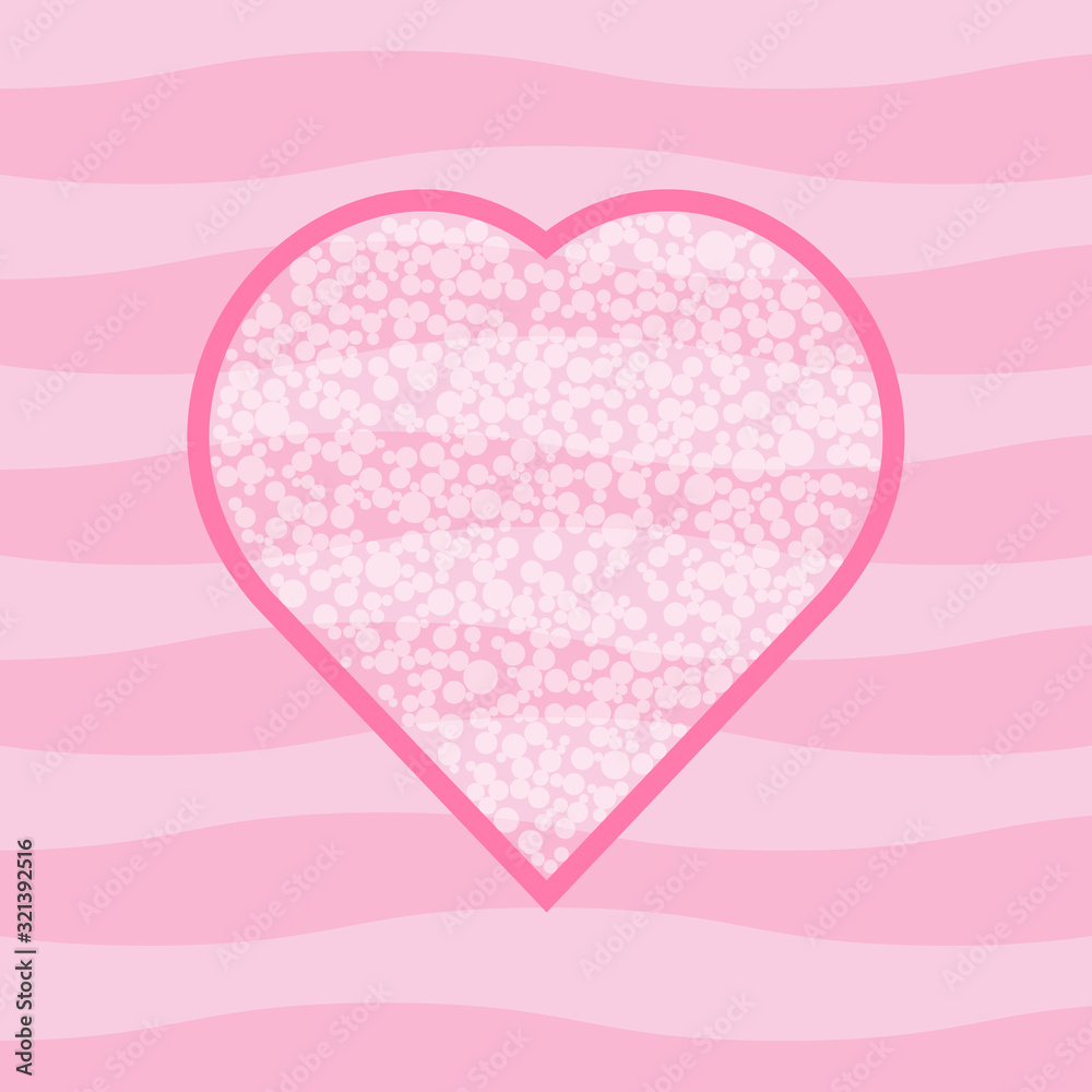 Valentine's day card with path of heart and transparent white circles and stripes pink background. Cute graphic for invitations, posters, banners