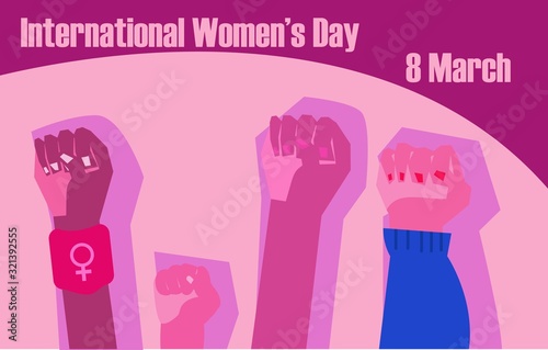 International women's day March 8 feminism Poster. Pink fists raised in political protest and empowerment. Graphic vector set illustrations.