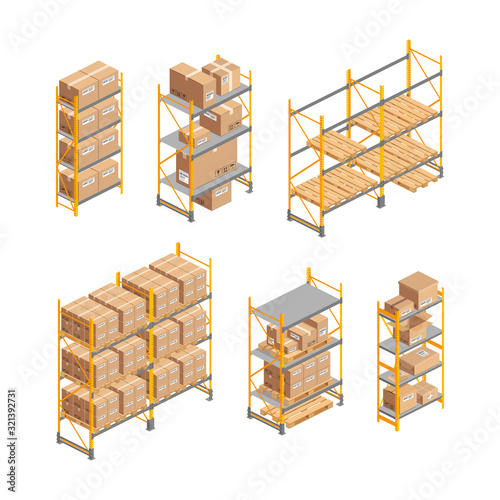 Isometric warehouse rack set with pallet, boxes isolated on white. 3d metallic shelves. Storage equipment vector illustration. Logistic and delivery service element for web, design, infographics, apps photo