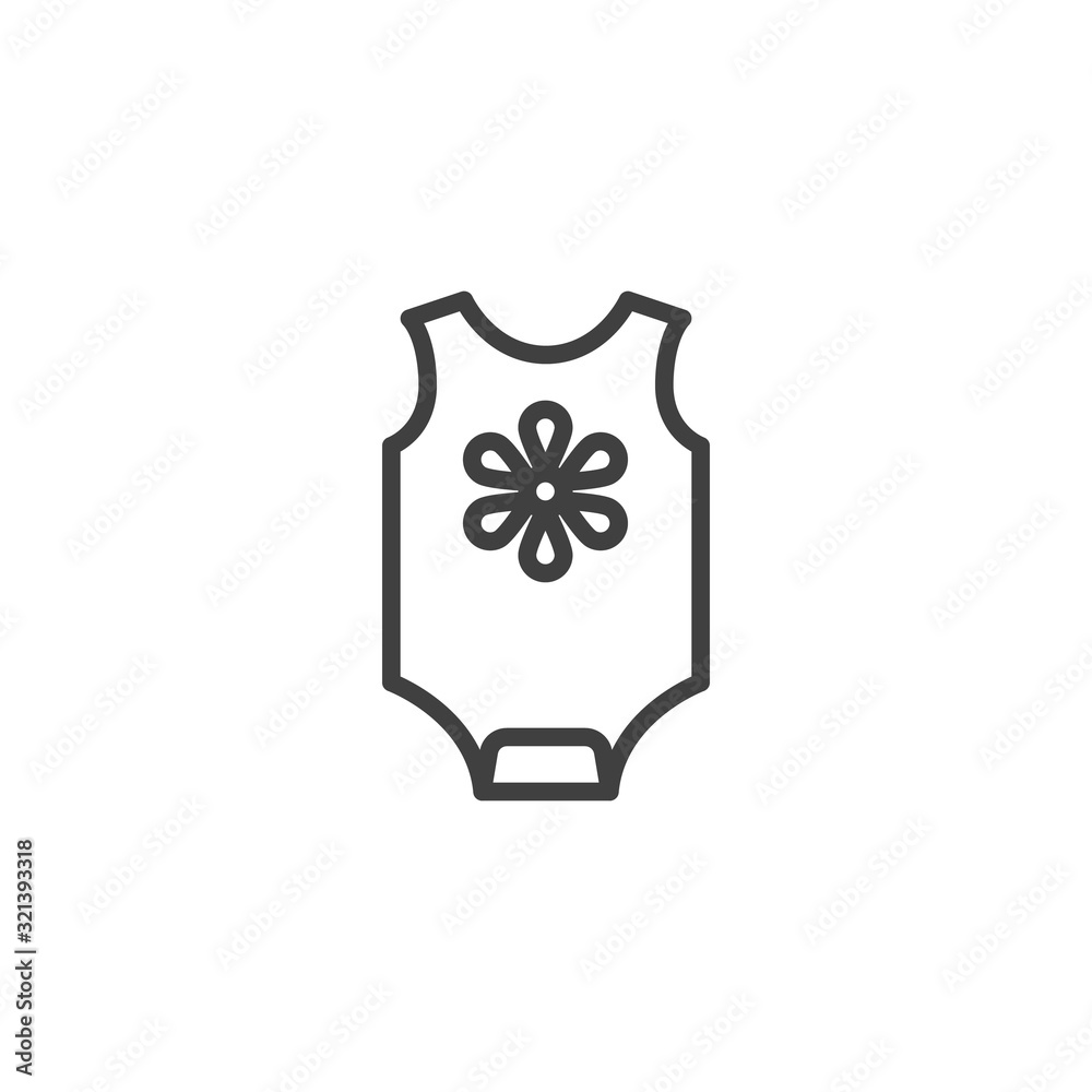 Baby romper with flower line icon. Infant Jumpsuit clothes linear style sign for mobile concept and web design. Baby girl Bodysuit outline vector icon. Symbol, logo illustration. Vector graphics