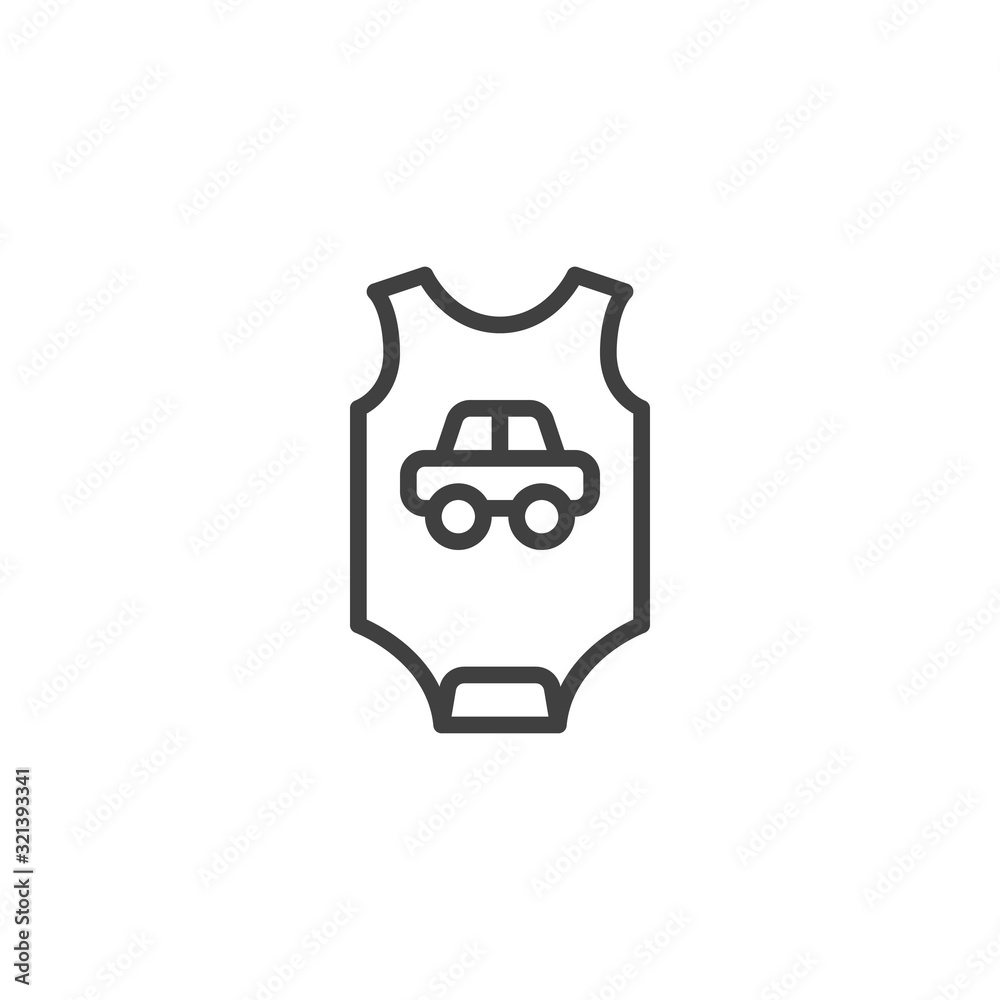 Baby romper with car line icon. Infant Jumpsuit clothes linear style sign for mobile concept and web design. Baby boy Bodysuit clothes outline vector icon. Symbol, logo illustration. Vector graphics