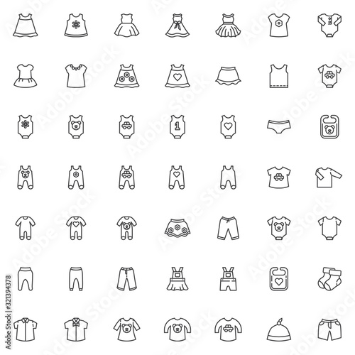 Baby clothing line icons set. Infant clothes linear style symbols collection, outline signs pack. vector graphics. Set includes icons as newborn baby bodysuit, romper jumpsuit, bib, dress, shirts