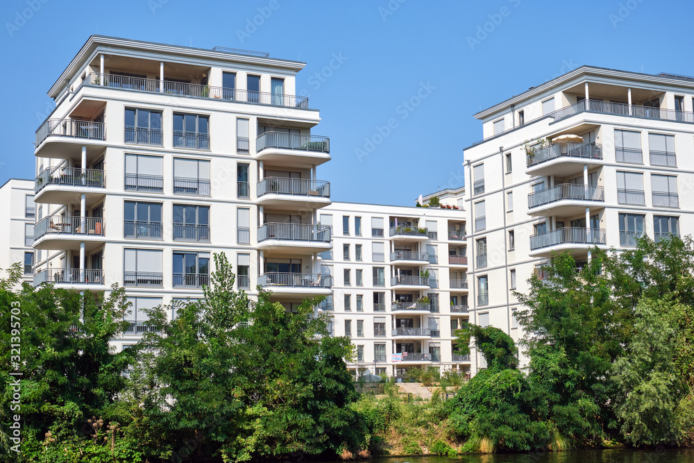 Modern white apartment buildings seen in Berlin, Germany