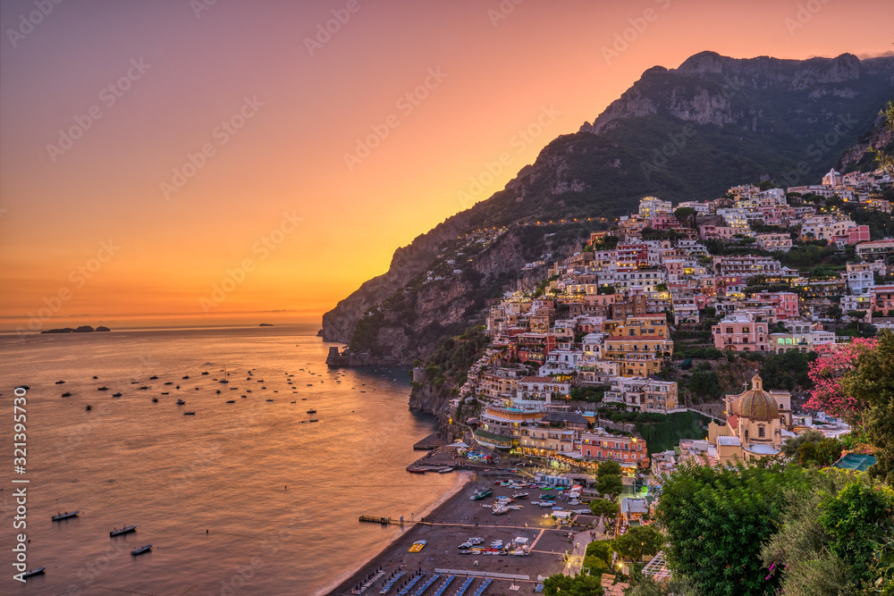 The famous village of Positano on the italian Amalfi coast after sunset