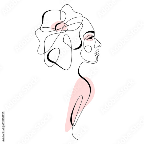 One line drawing abstract woman face with flower in her hair. Continuous line art female portrait. Modern minimalism, aesthetic contour. Vector beauty illustration