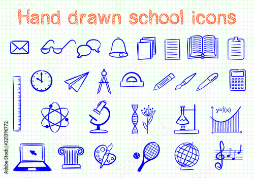 Collection of vector hand drawn icons of education. Natural and mathematical science, additional education, tutorship, freelance, sport and art. Set of hand drawn school symbols for web and apps.