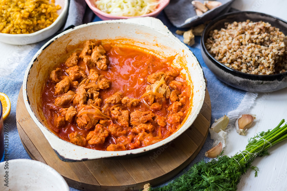 Soy meat, soya chunks, dry texturized vegan protein substitute of meat. Vegetables protein from soybeans and tomato paste. Soy meat, soya chunks, dry texturized vegan protein substitute of meat. Vegetables protein from soybeans and tomato paste.