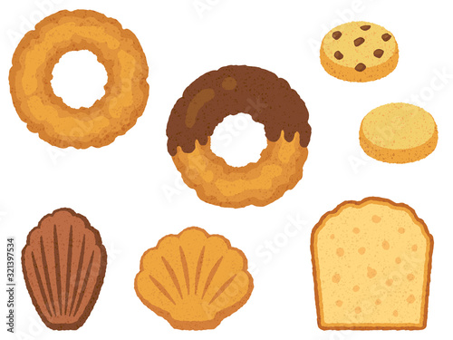 ドーナツと焼き菓子の手描き風イラストセット（クッキー・マドレーヌ・パウンドケーキ）