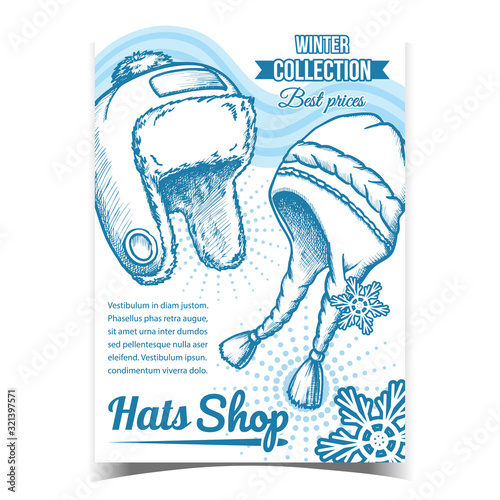 Hats Shop Winter Sale Advertising Banner Vector. Earflap Hats Seasonal Cloth And Snowflakes. Warm Wearing Accessory Protection Health Template Hand Drawn In Vintage Style Monochrome Illustration