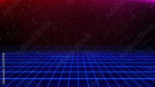 Retro cyberpunk style 80s Sci-Fi Background Futuristic with laser grid landscape. Digital cyber surface style of the 1980`s. 3D illustration